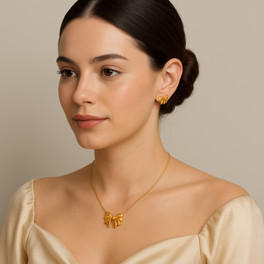 Golden Muse Bow Earrings & Necklace Set